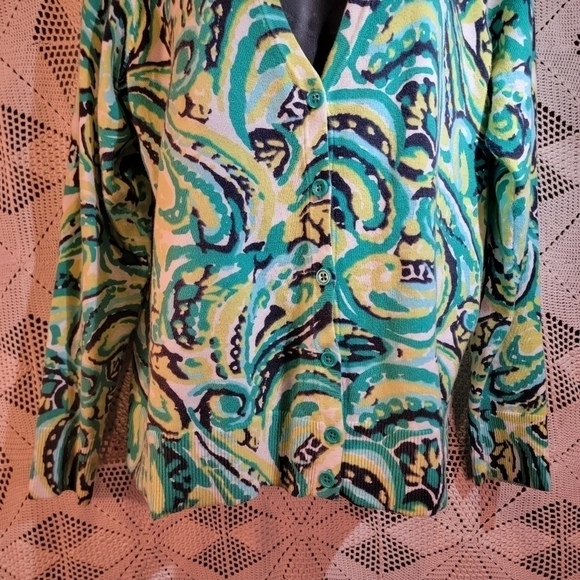 Merona size XL button up sweater.  Green, yellow, black and white - Picture 2 of 10
